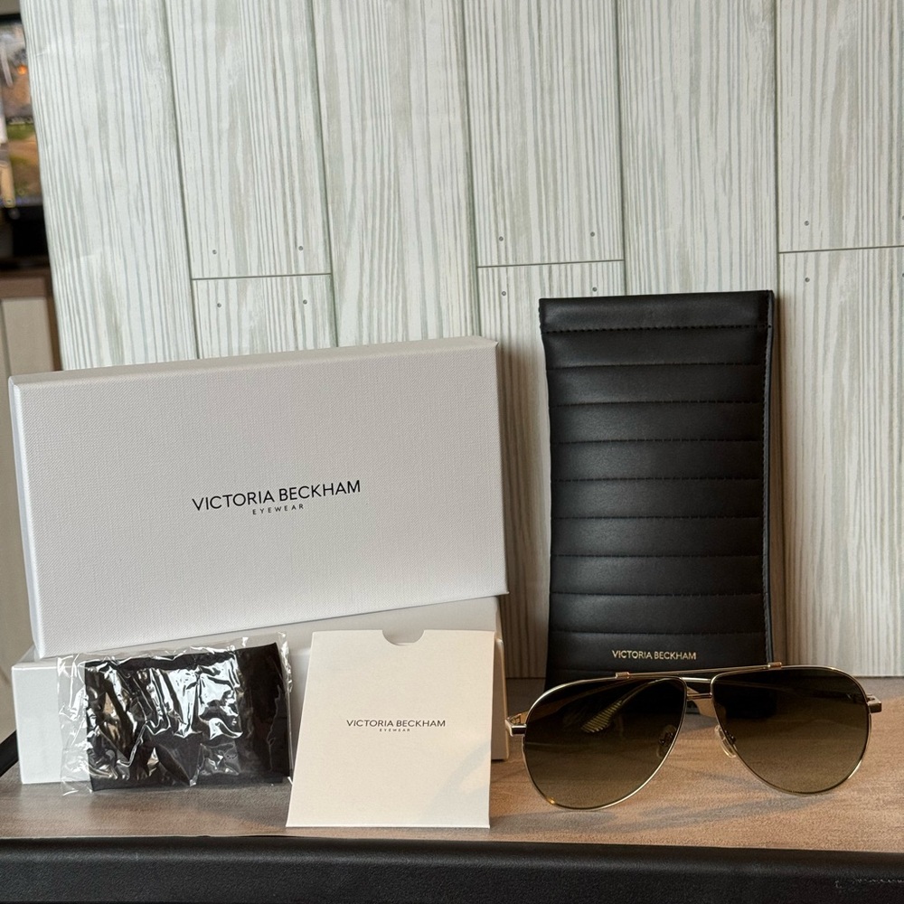 Victoria Beckham Gold Aviator Sunglasses, Box, case and wipe